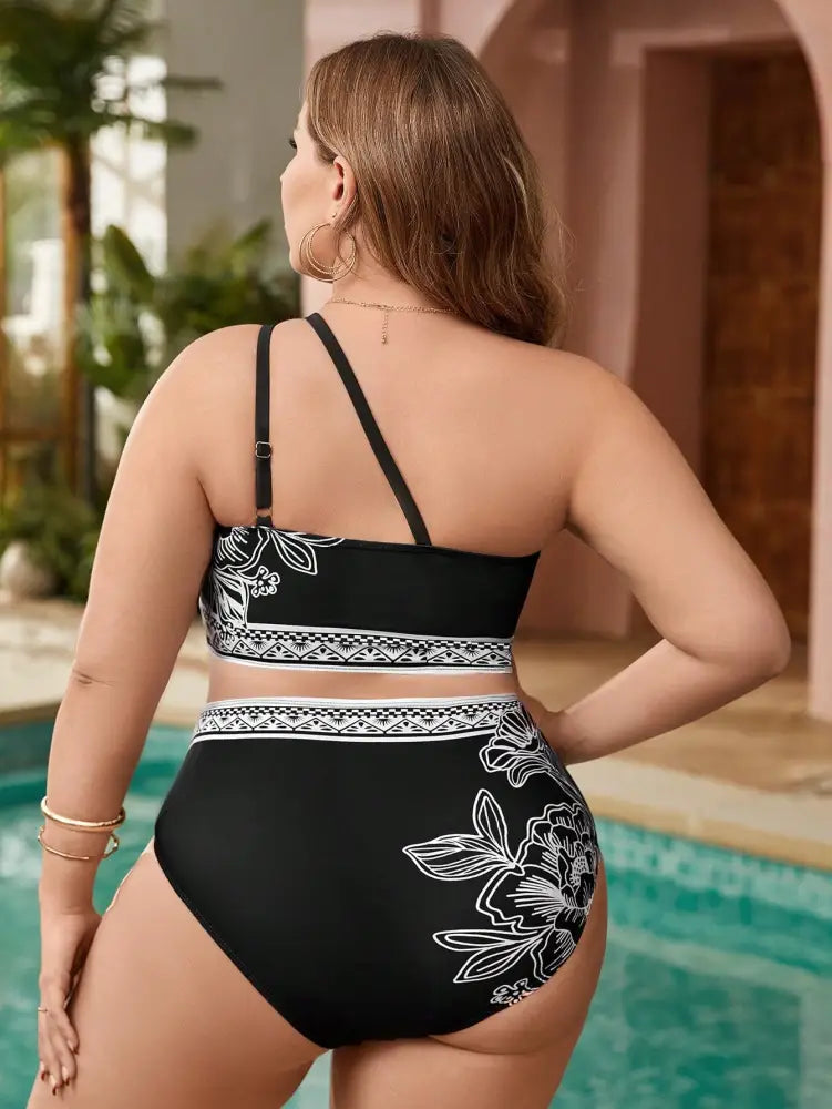 Biquíni Com Ombro Único E Estampa De Plantas Para Praia Verão Milani. Plus Size Conjunto