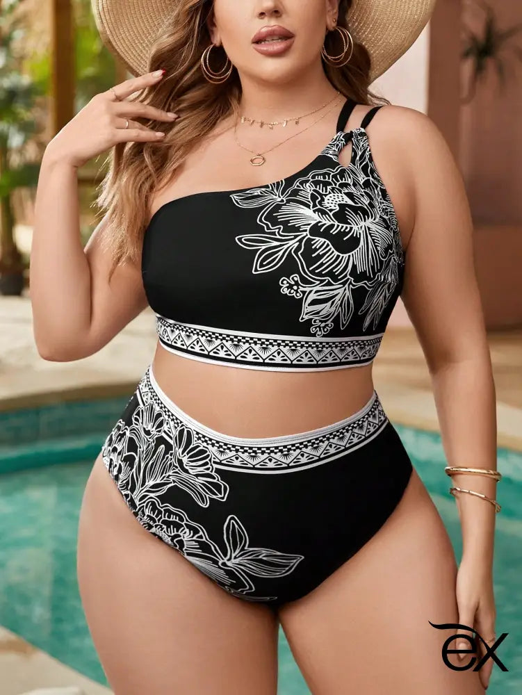 Biquíni com Ombro Único e Estampa de Plantas para Praia de Verão Milani. Plus Size