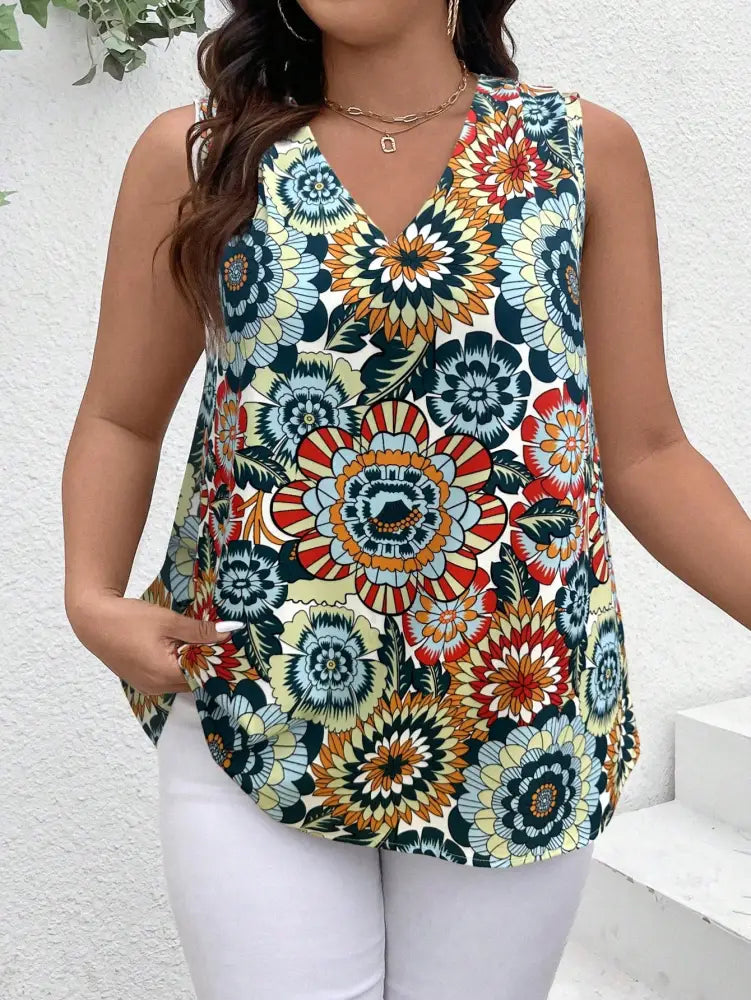 Blusa Casual Com Estampa Floral Em Tons Renata. Plus Size Verde / Gg (42-46) Plus Size