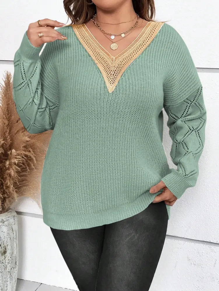 Blusa Casual De Tricô Com Textura E Detalhe Renda No Decote Lara. Plus Size Verde Menta / Gg