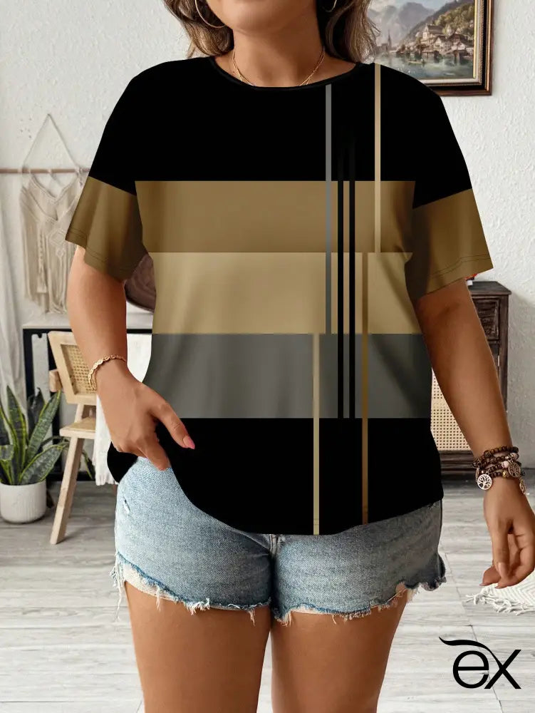 Blusa Casual Estampada com Listras Modernas Águeda. Plus Size