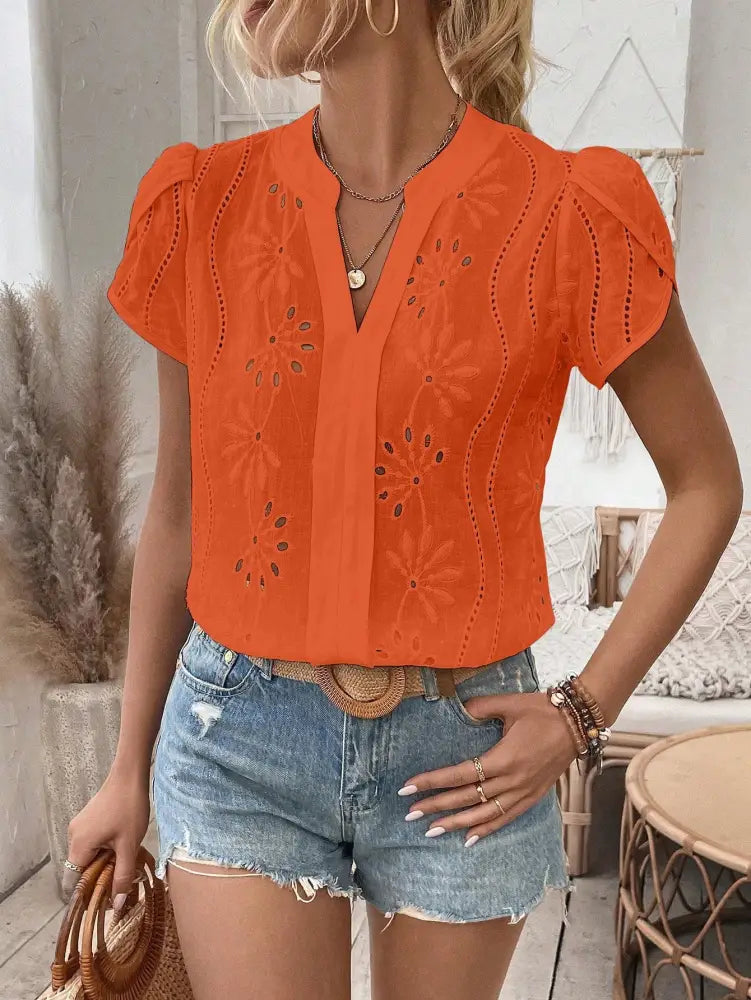 Blusa Casual Feminina Com Bordado Floral Vazado E Mangas Bufantes Giovanna Laranja / P (36-38)