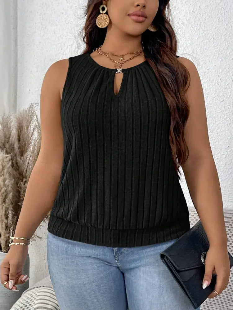 Blusa Casual Feminina De Malha Canelada Com Detalhe Vazado Layla. Plus Size Preto / Gg (42-46) Tank