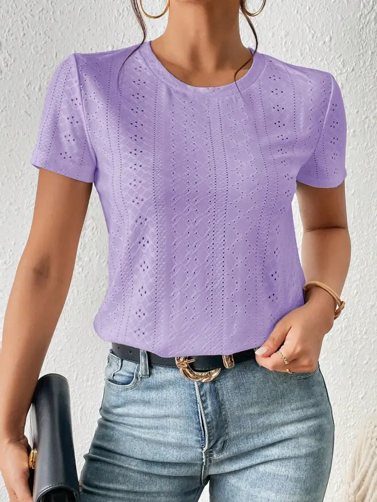 Blusa Casual Leve Com Detalhes Vazados E Design Elegante Nicole Roxo / Pp (34-36) Camiseta Feminina