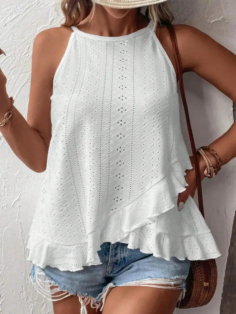 Blusa De Alça Com Detalhes Vazados E Acabamento Romântico Bruna. Plus Size Uma Peça