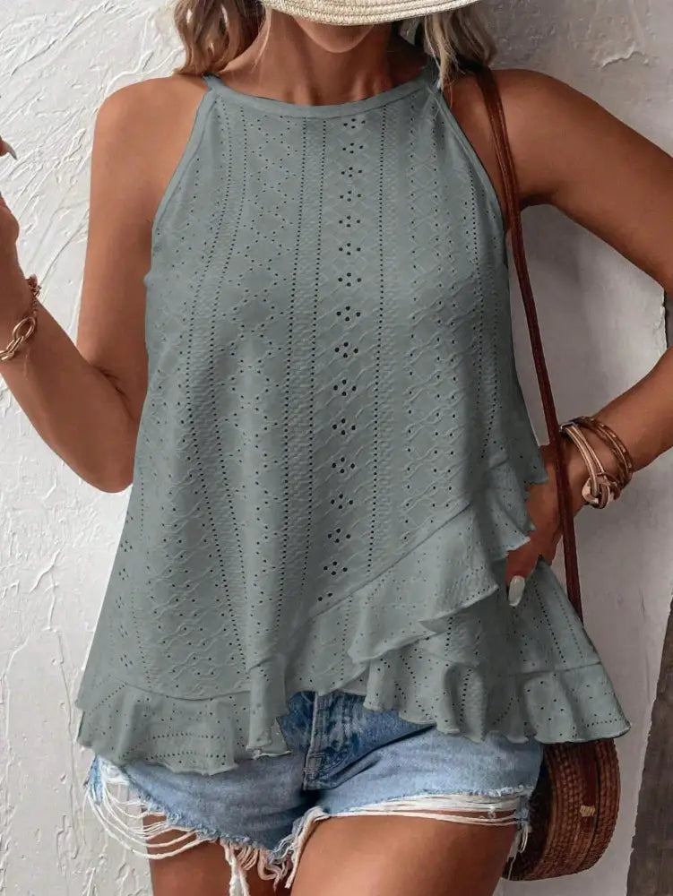 Blusa De Alça Com Detalhes Vazados E Acabamento Romântico Bruna. Plus Size Uma Peça