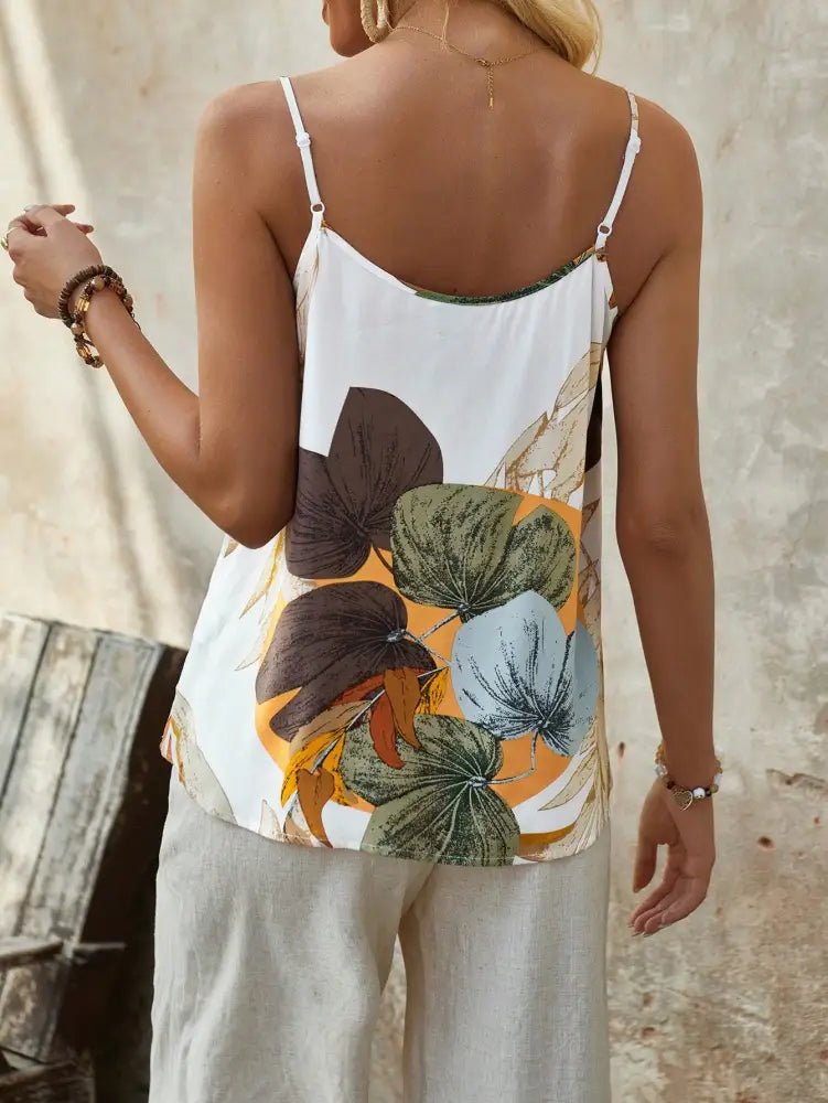 Blusa Elegante Com Estampa Tropical E Decote Em V Thais Femininos Tank Tops & Camis