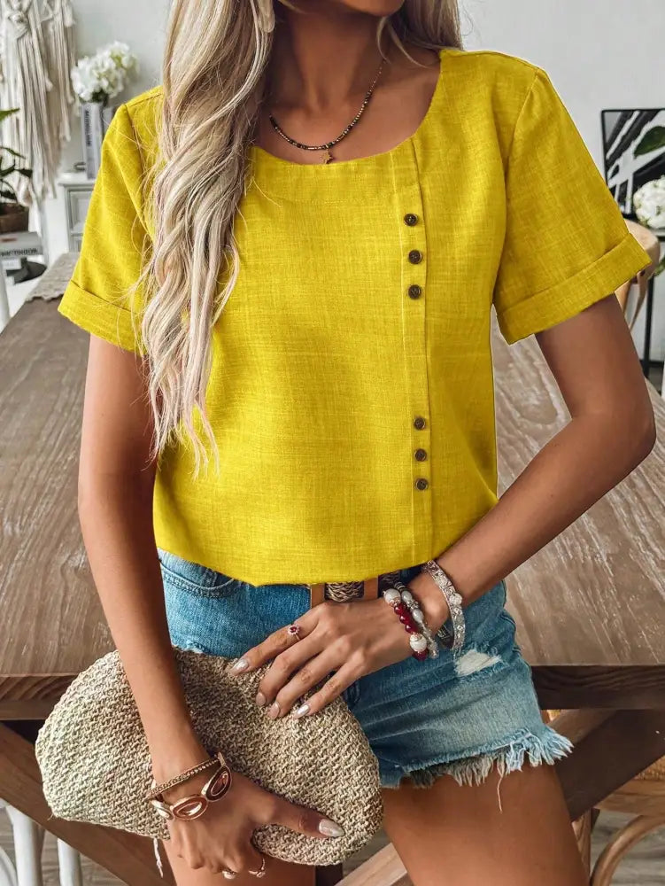 Blusa Elegante Feminina Com Botões Decorativos E Manga Curta Adelaide Amarelo / P (36-38) Camisa