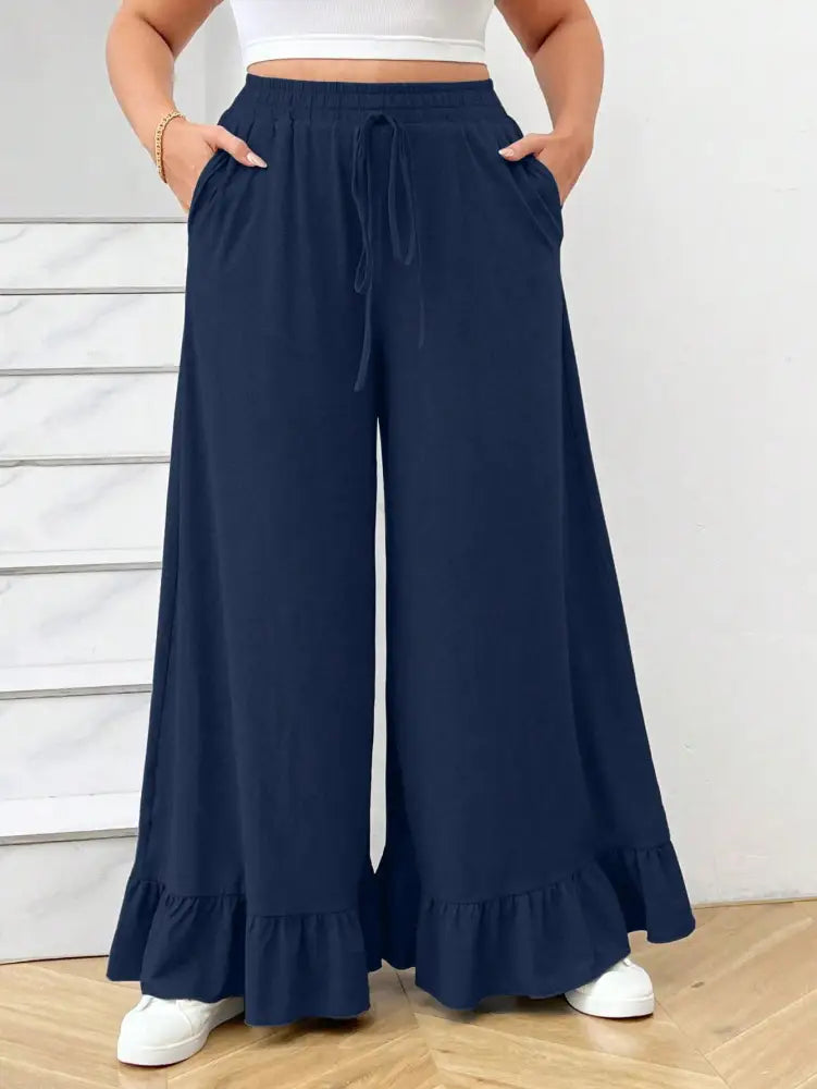 Calça Feminina De Perna Larga Com Babado E Cintura Ajustável Vanessa. Plus Size Azul Marinho / Gg