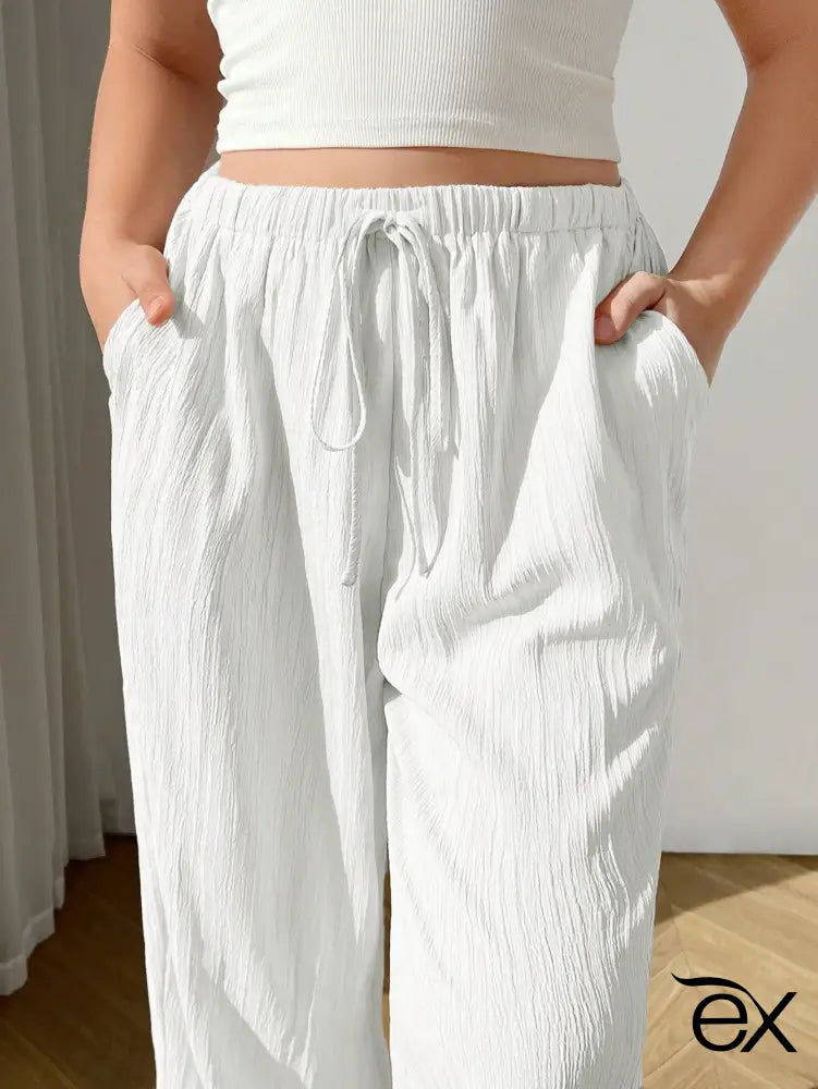 Calça Feminina De Perna Larga Com Cintura Alta E Cordão Ajustável Milena. Plus Size Calças