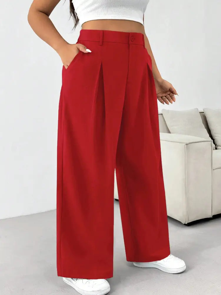 Calça Feminina De Perna Larga Com Cintura Alta E Detalhe Dobrado Renata. Plus Size Vermelho / Gg