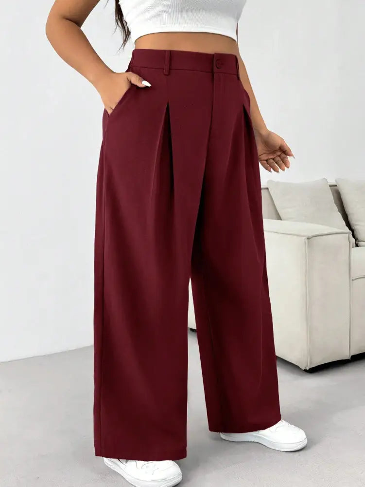 Calça Feminina De Perna Larga Com Cintura Alta E Detalhe Dobrado Renata. Plus Size Vinho / Gg