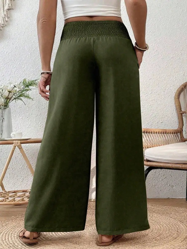 Calça Feminina De Perna Larga Com Cintura Franzida Amanda. Plus Size Calças