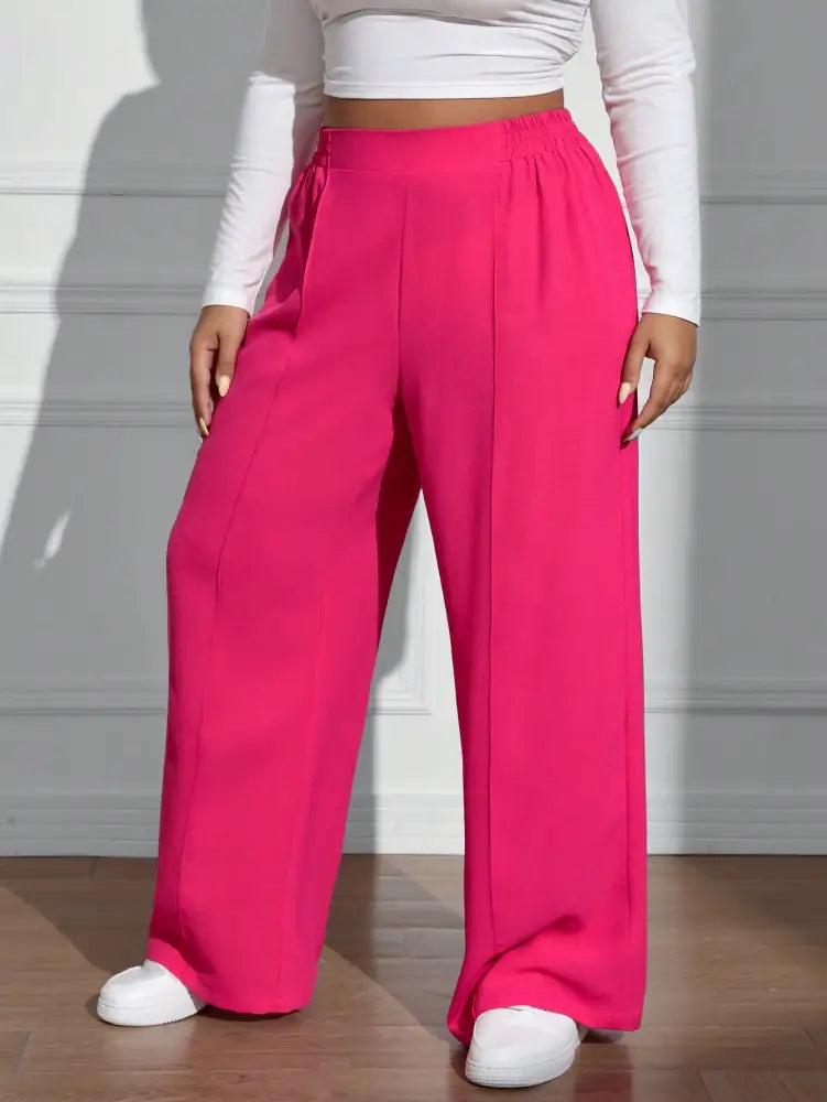 Calça Feminina De Perna Reta Com Cintura Natural E Caimento Solto Rosa. Plus Size Calças