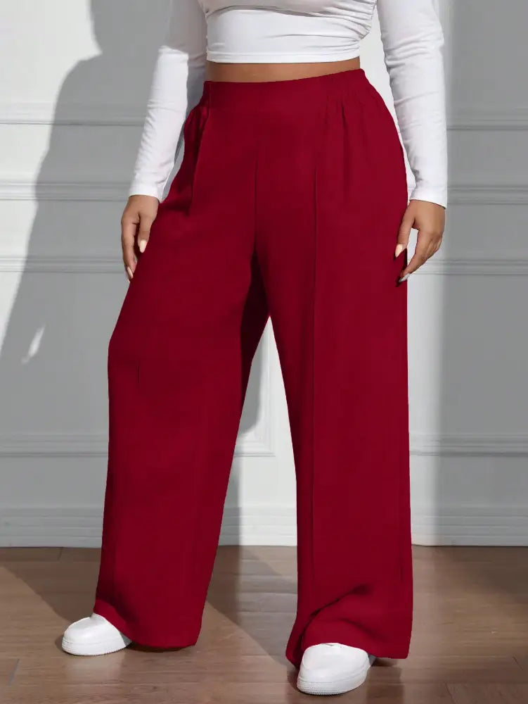 Calça Feminina De Perna Reta Com Cintura Natural E Caimento Solto Rosa. Plus Size Calças