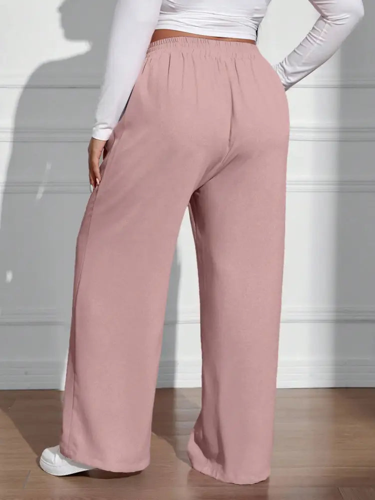 Calça Feminina De Perna Reta Com Cintura Natural E Caimento Solto Rosa. Plus Size Calças