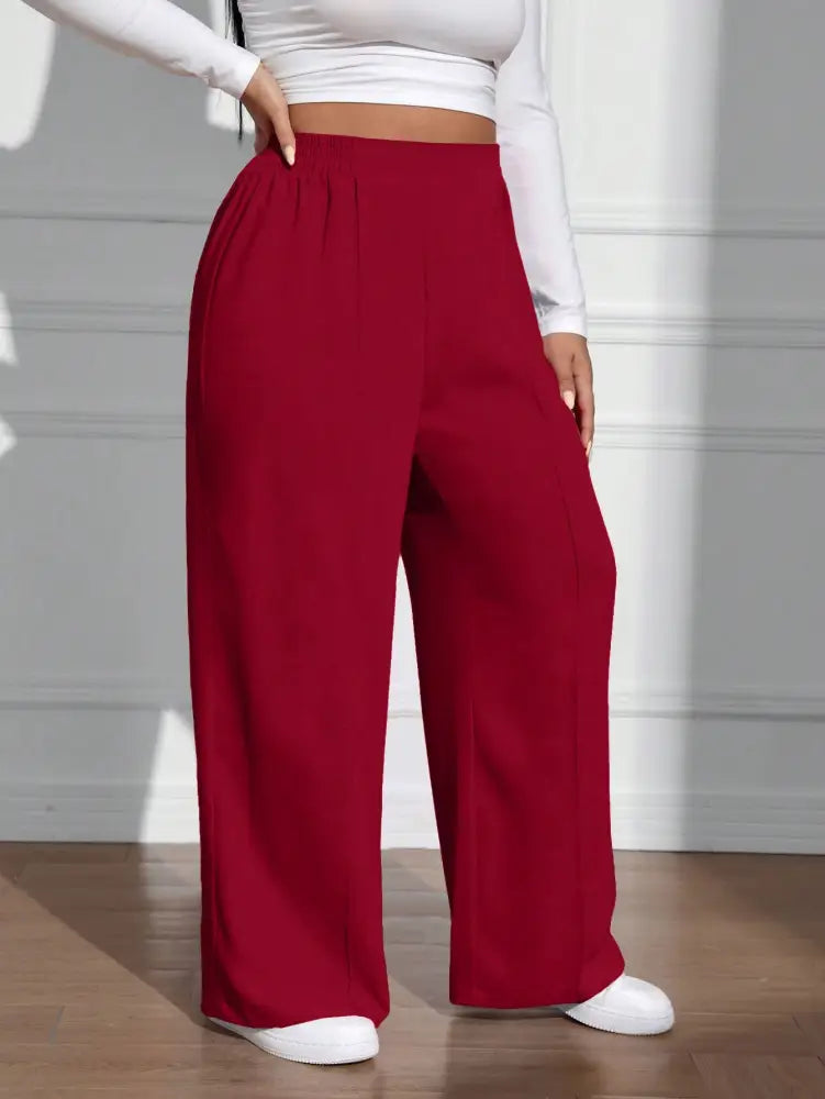 Calça Feminina De Perna Reta Com Cintura Natural E Caimento Solto Rosa. Plus Size Vinho / Gg