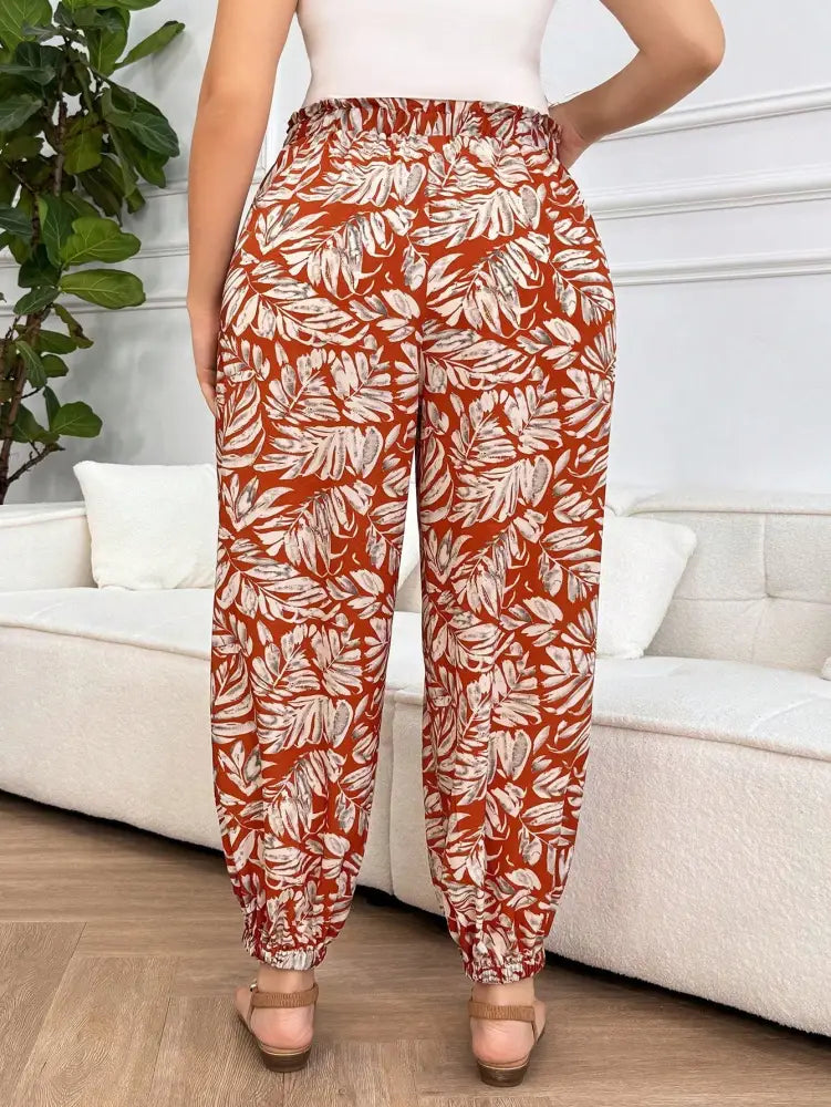 Calça Feminina Estilo Harém Com Estampa Tropical E Cintura Franzida Aranza. Plus Size Calças