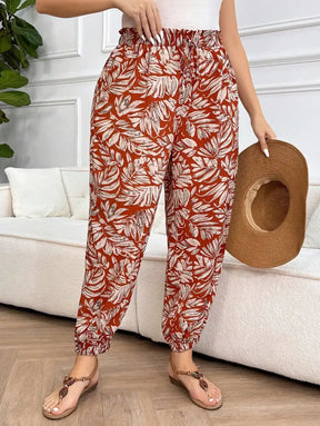 Calça Feminina Estilo Harém Com Estampa Tropical E Cintura Franzida Aranza. Plus Size Calças