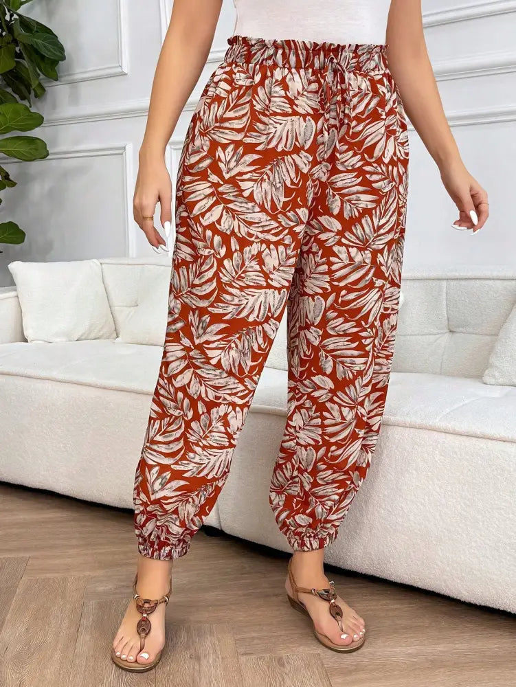 Calça Feminina Estilo Harém Com Estampa Tropical E Cintura Franzida Aranza. Plus Size Calças