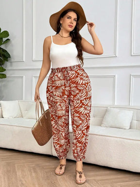 Calça Feminina Estilo Harém Com Estampa Tropical E Cintura Franzida Aranza. Plus Size Calças