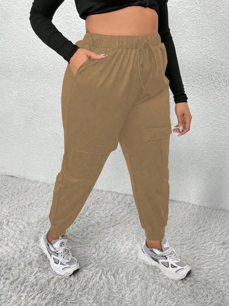 Calça Jogger Feminina Com Bolsos E Cintura Alta Miranda. Plus Size Caqui / Gg (42-46)