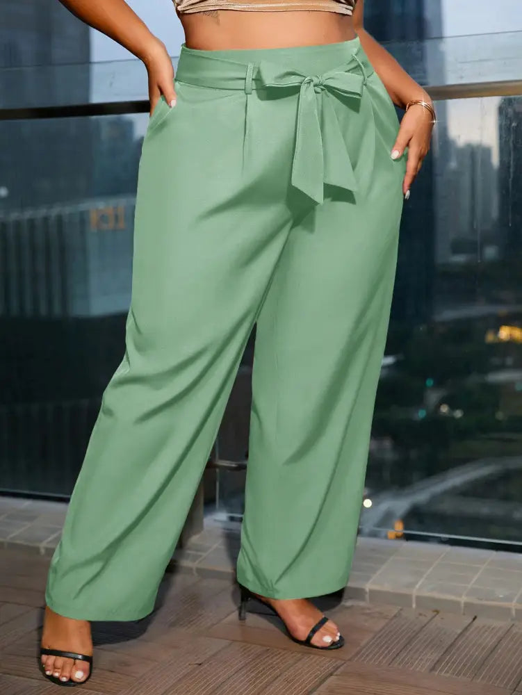 Calça Longa Com Cinto Elegante E Bolsos Keylis. Plus Size Verde Menta / Gg (42-46) Calças