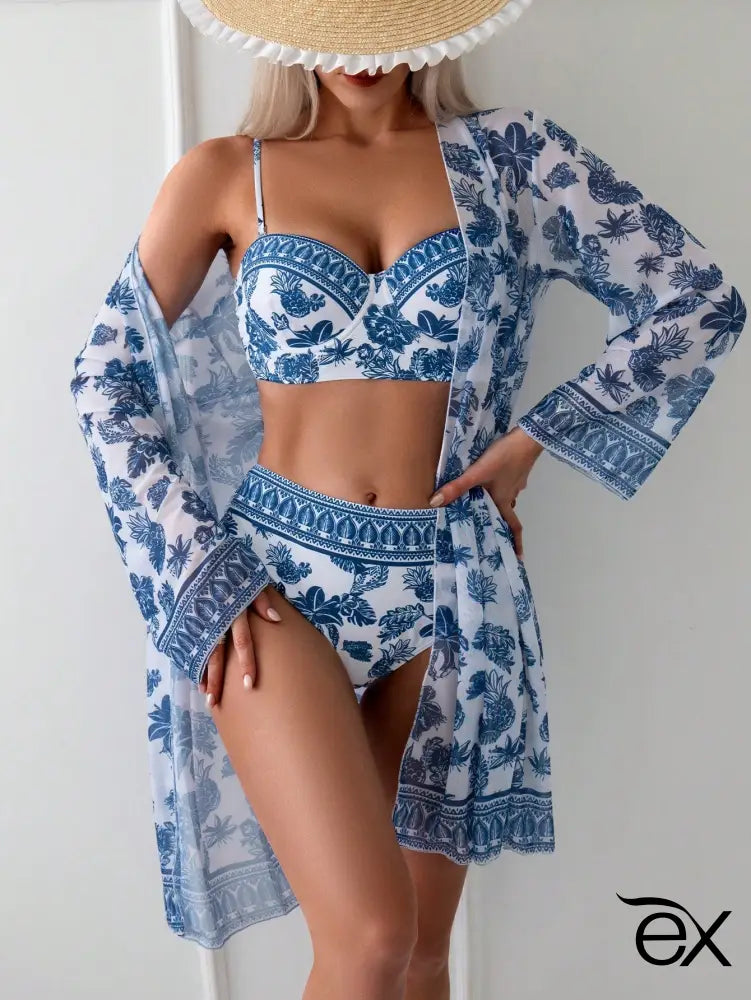 Conjunto de Bikini com Arame e Kimono Estampado para Praia, Morgan