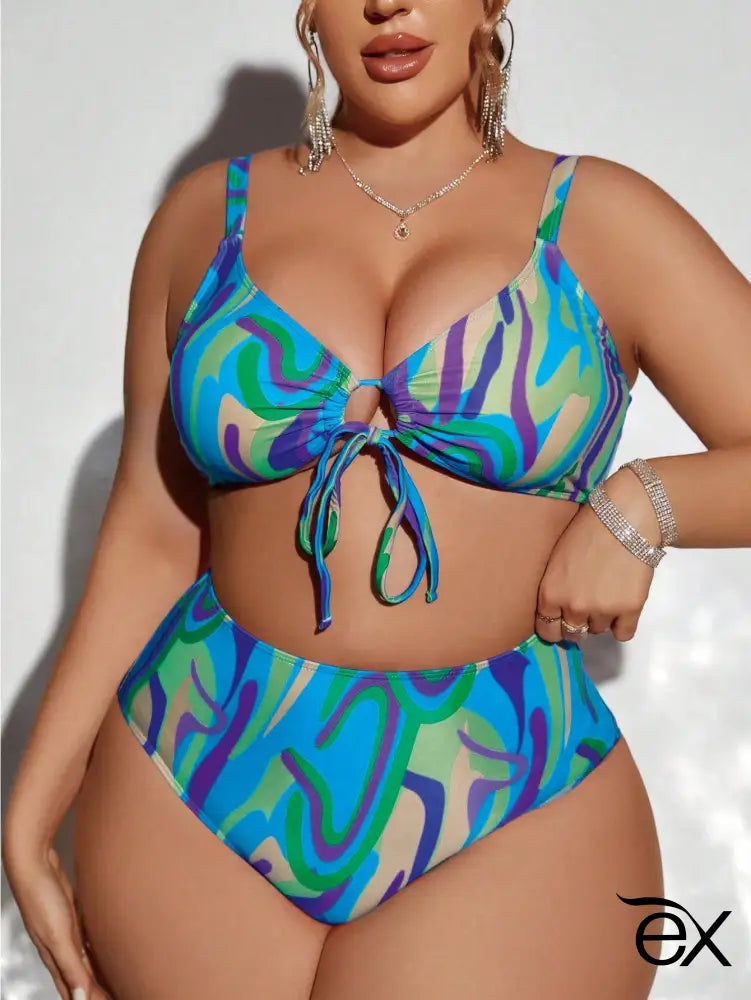 Conjunto de Bikini com Estampa Aleatória e Cordão para Praia Haisley. Plus Size