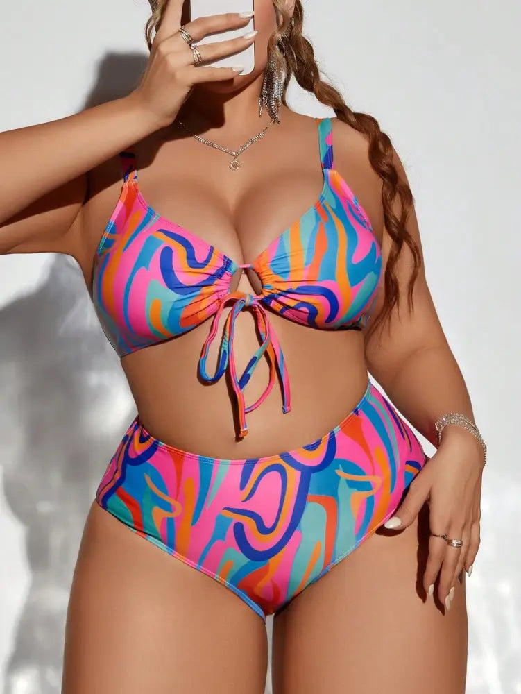 Conjunto De Bikini Com Estampa Aleatória E Cordão Para Praia Haisley. Plus Size Biquíni