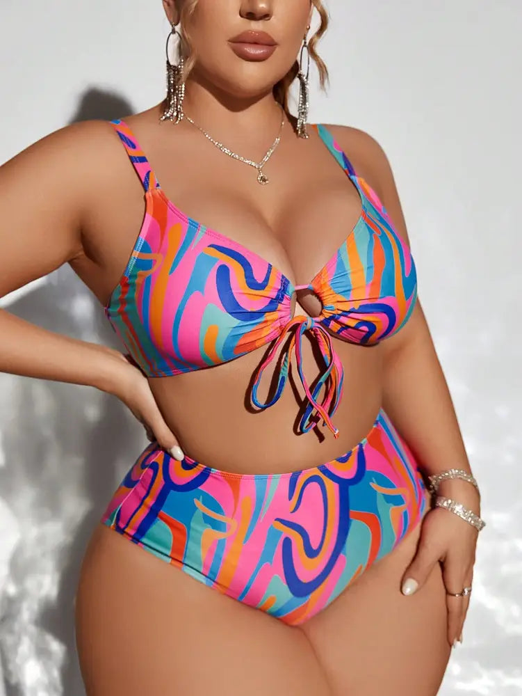 Conjunto De Bikini Com Estampa Aleatória E Cordão Para Praia Haisley. Plus Size Biquíni