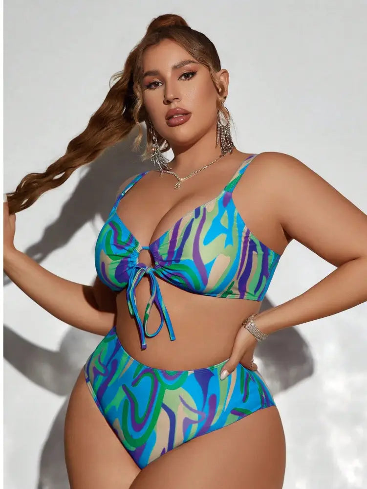 Conjunto De Bikini Com Estampa Aleatória E Cordão Para Praia Haisley. Plus Size Biquíni