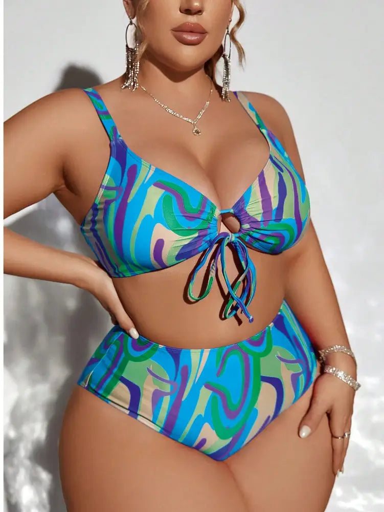 Conjunto De Bikini Com Estampa Aleatória E Cordão Para Praia Haisley. Plus Size Biquíni