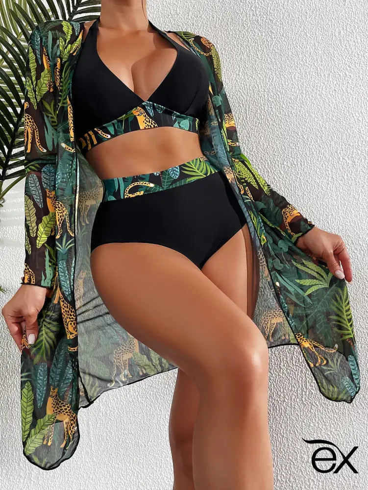 Conjunto de Bikini com Estampa Tropical e Quimono, Samara