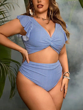 Conjunto De Bikini Com Manga Curta E Estampa Listrada Octavia. Plus Size Biquíni