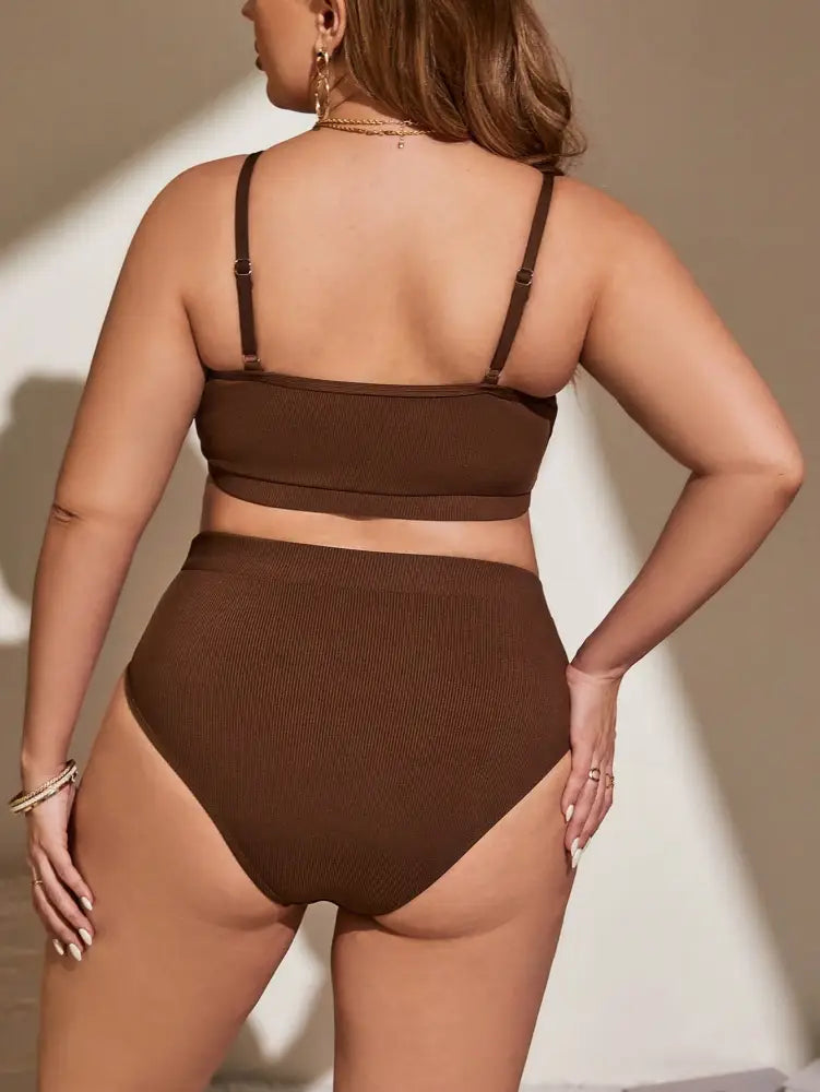 Conjunto De Bikini Malha Canelada Com Cintura Alta Veronica. Plus Size Biquíni