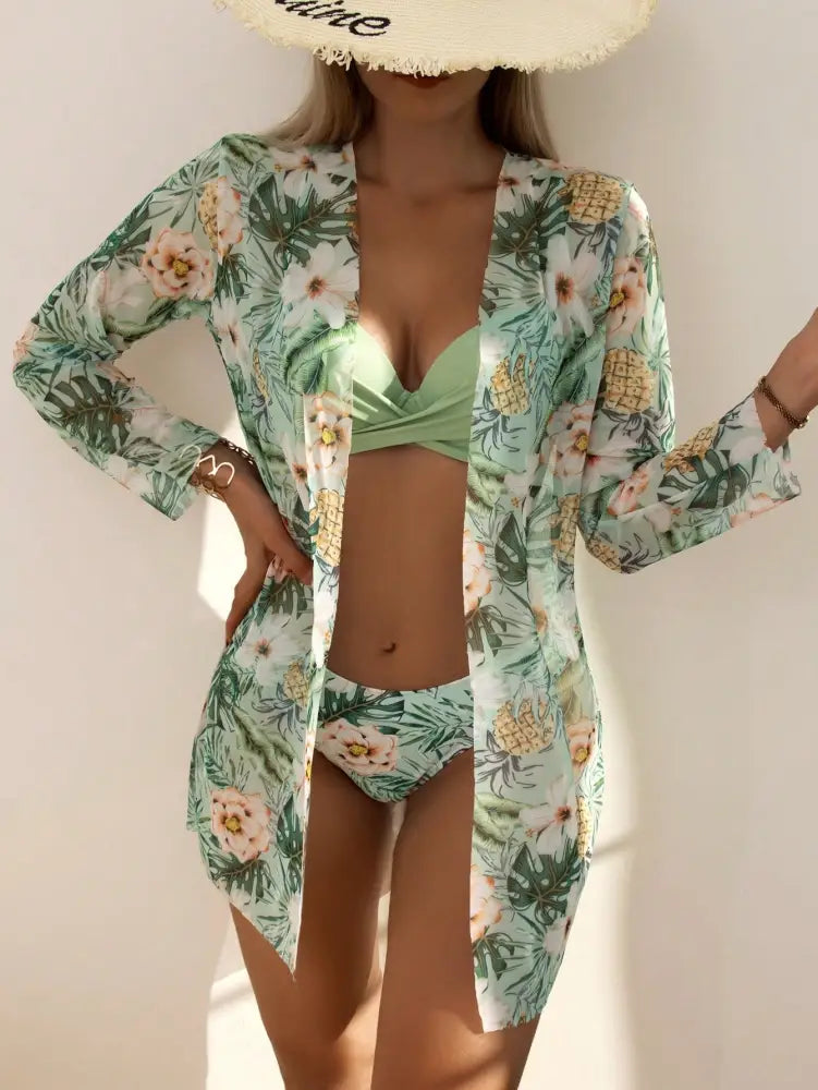 Conjunto De Bikini Push Up Com Estampa Plantas E Kimono Para Verão Kyla Biquíni Feminino