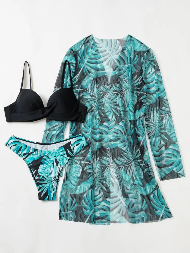 Conjunto De Bikini Push Up Com Estampa Plantas E Kimono Para Verão Kyla Biquíni Feminino