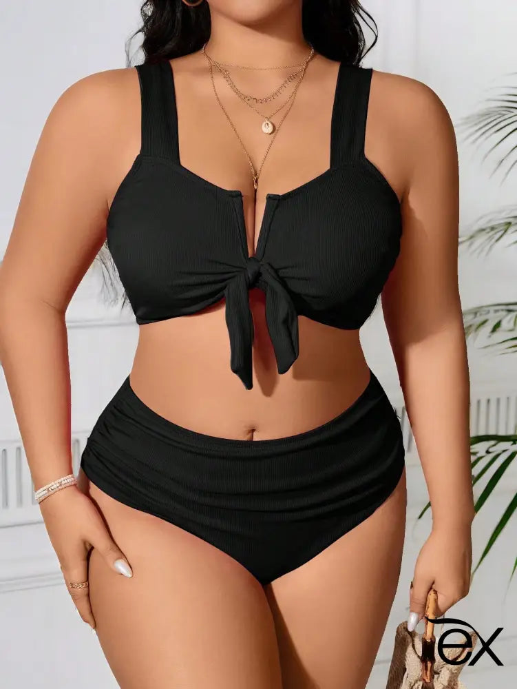 Conjunto de Bikini Simples e Colorido Sólido, Lila. Plus Size