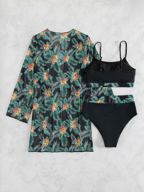 Conjunto De Biquíni Com Estampa Tropical Aleatória E Quimono Para Praia No Verão Sienna Feminino