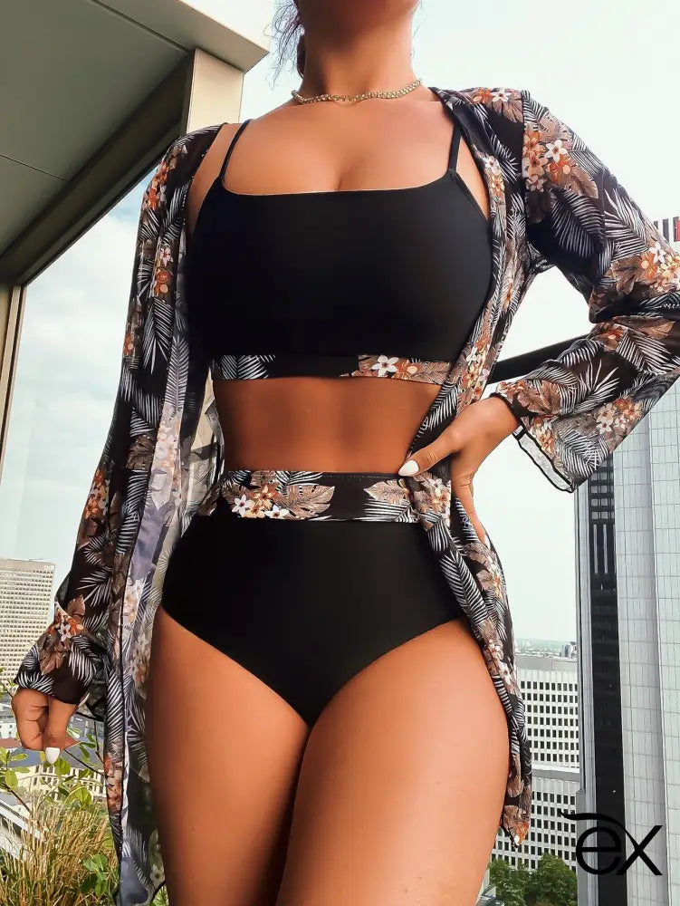 Conjunto De Biquíni Com Estampa Tropical Aleatória E Quimono Para Praia No Verão Sienna Feminino