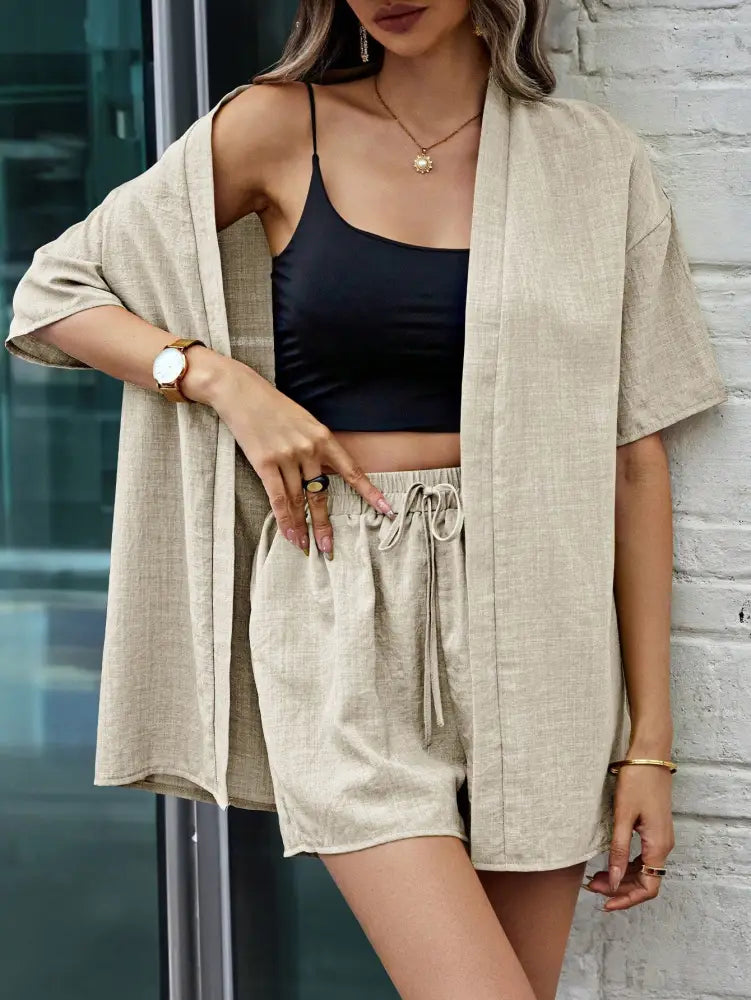 Conjunto Feminino Casual Com Top Shorts E Kimono De Linho Raquel Bege / P (36-38) Conjuntos