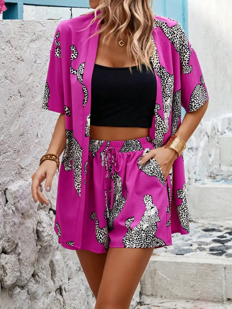 Conjunto Feminino Casual Com Top Shorts E Kimono De Linho Raquel Fuscia / P (36-38) Conjuntos