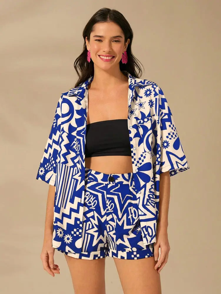 Conjunto Feminino Com Estampa Abstrata E Camisa Oversized Helen Azul / Pp (34-36) Feminina