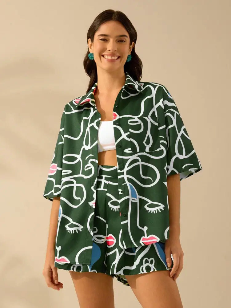 Conjunto Feminino Com Estampa Abstrata E Camisa Oversized Helen Verde / Pp (34-36) Feminina