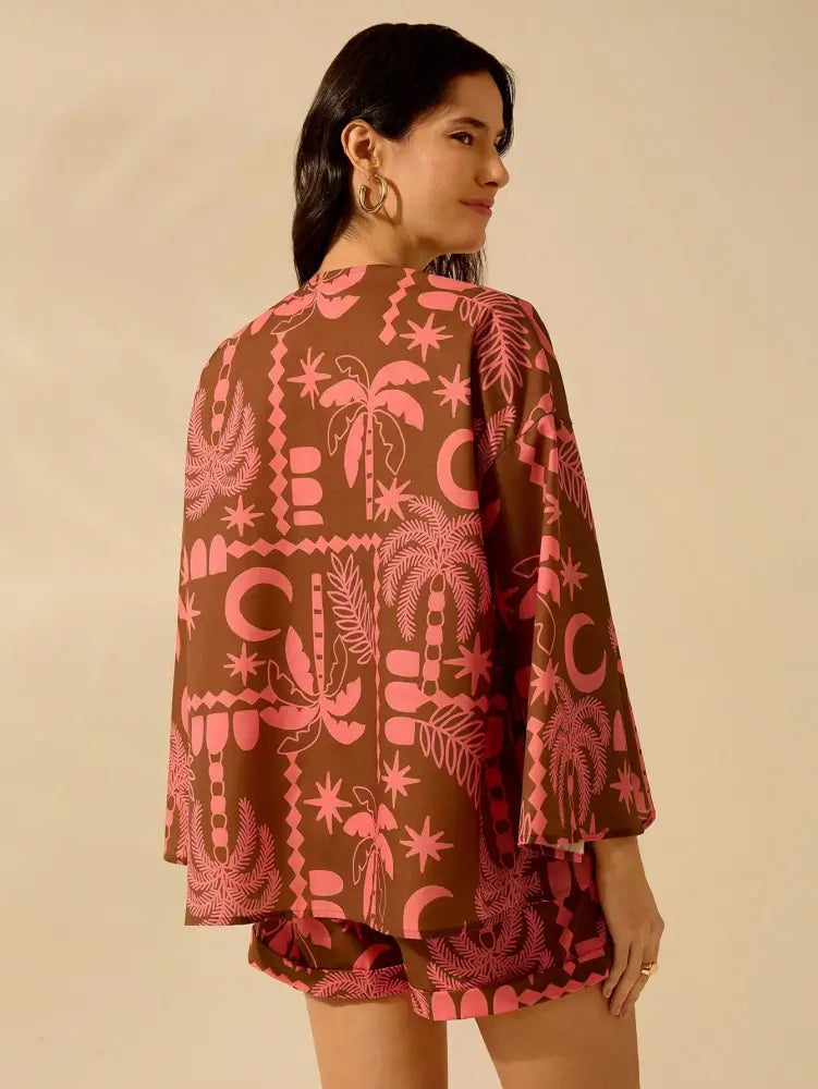 Conjunto Feminino Com Kimono E Shorts Estampados Étnicos Griselda Feminino