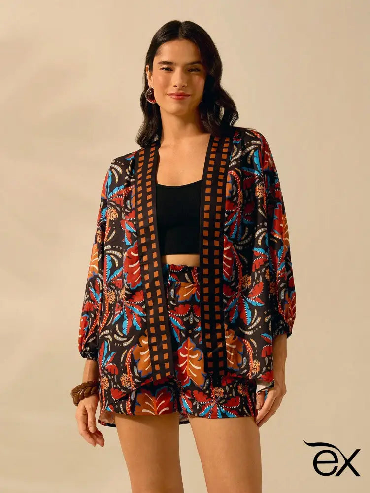 Conjunto Feminino Com Kimono E Shorts Estampados Johanna Feminino