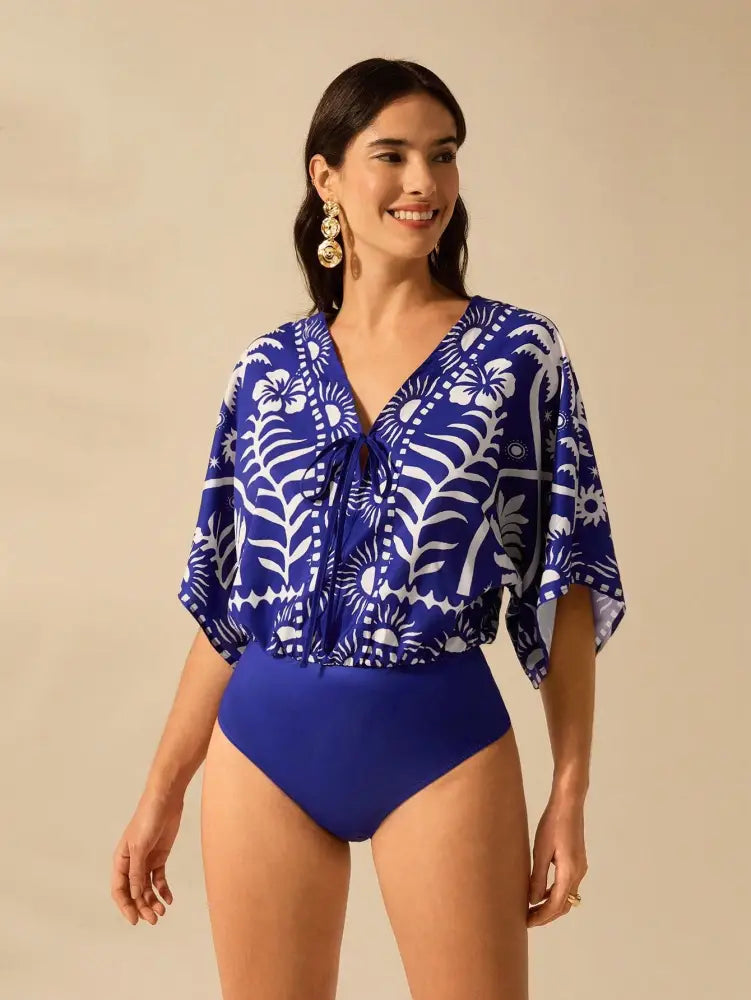 Conjunto Moda Praia Com Body E Quimono Fluido Estiloso Maya Azul / Pp (34-36) Feminino