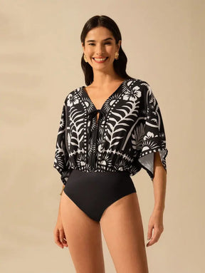 Conjunto Moda Praia Com Body E Quimono Fluido Estiloso Maya Preto / Pp (34-36) Feminino