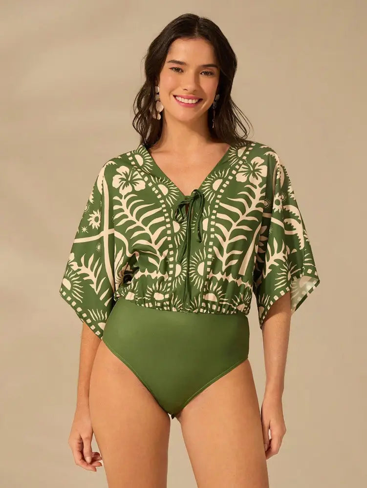 Conjunto Moda Praia Com Body E Quimono Fluido Estiloso Maya Verde / Pp (34-36) Feminino